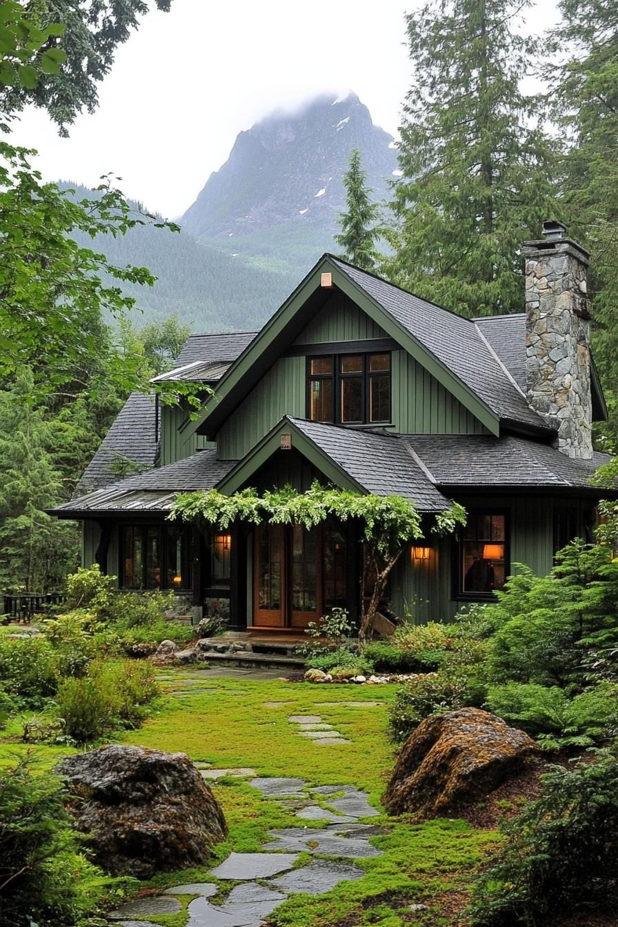 modern cottage style mountain house with shy green siding grey multi pitched roof ivy trellis porch mossy stone paved yard tall pines around the