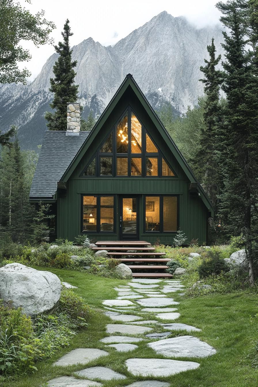 modern a frame mountain house facade in forest green color with full wall windows stone path leading to the entrance imposing mountain in the background
