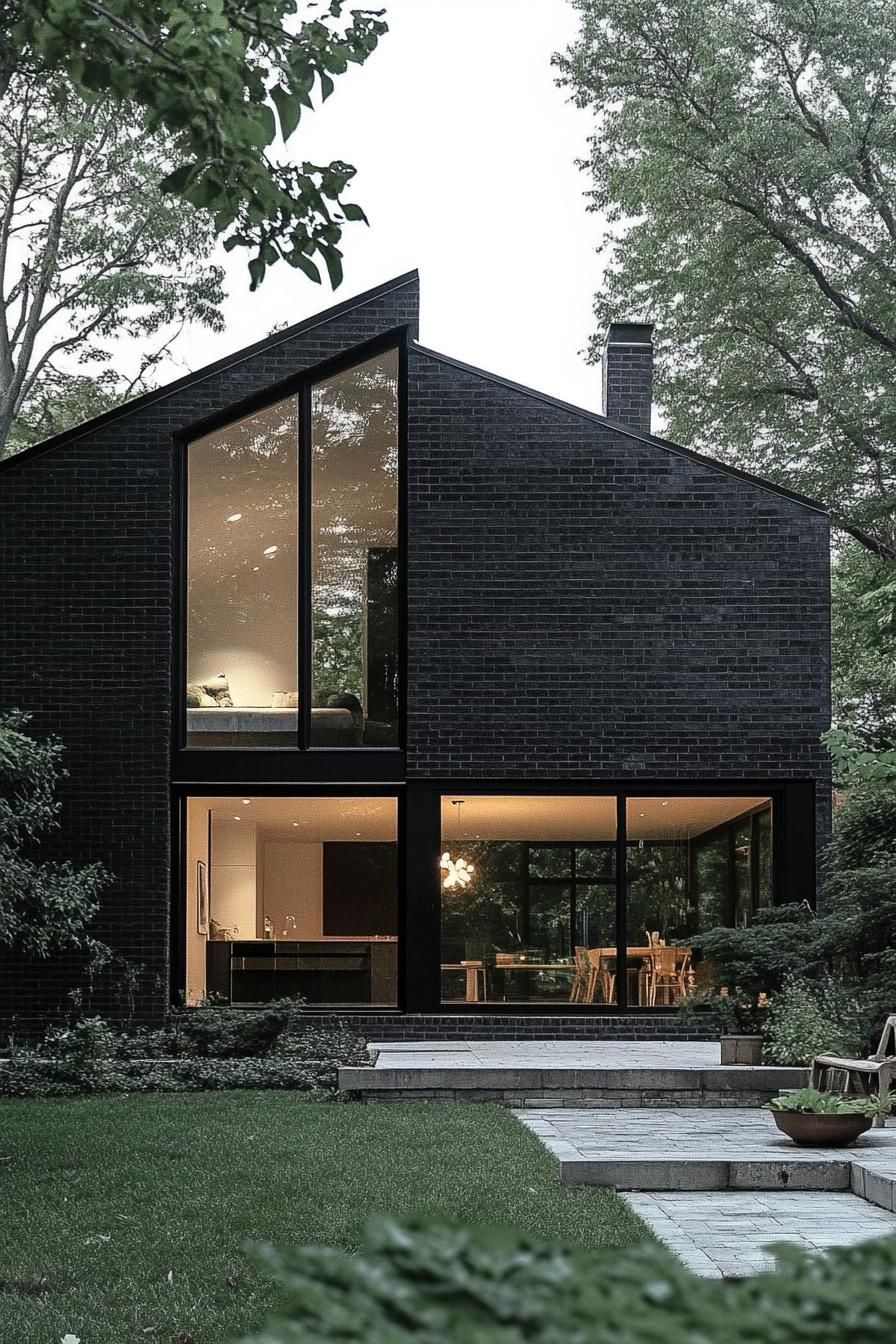 modern black brick house with large windows and visible white interior 3