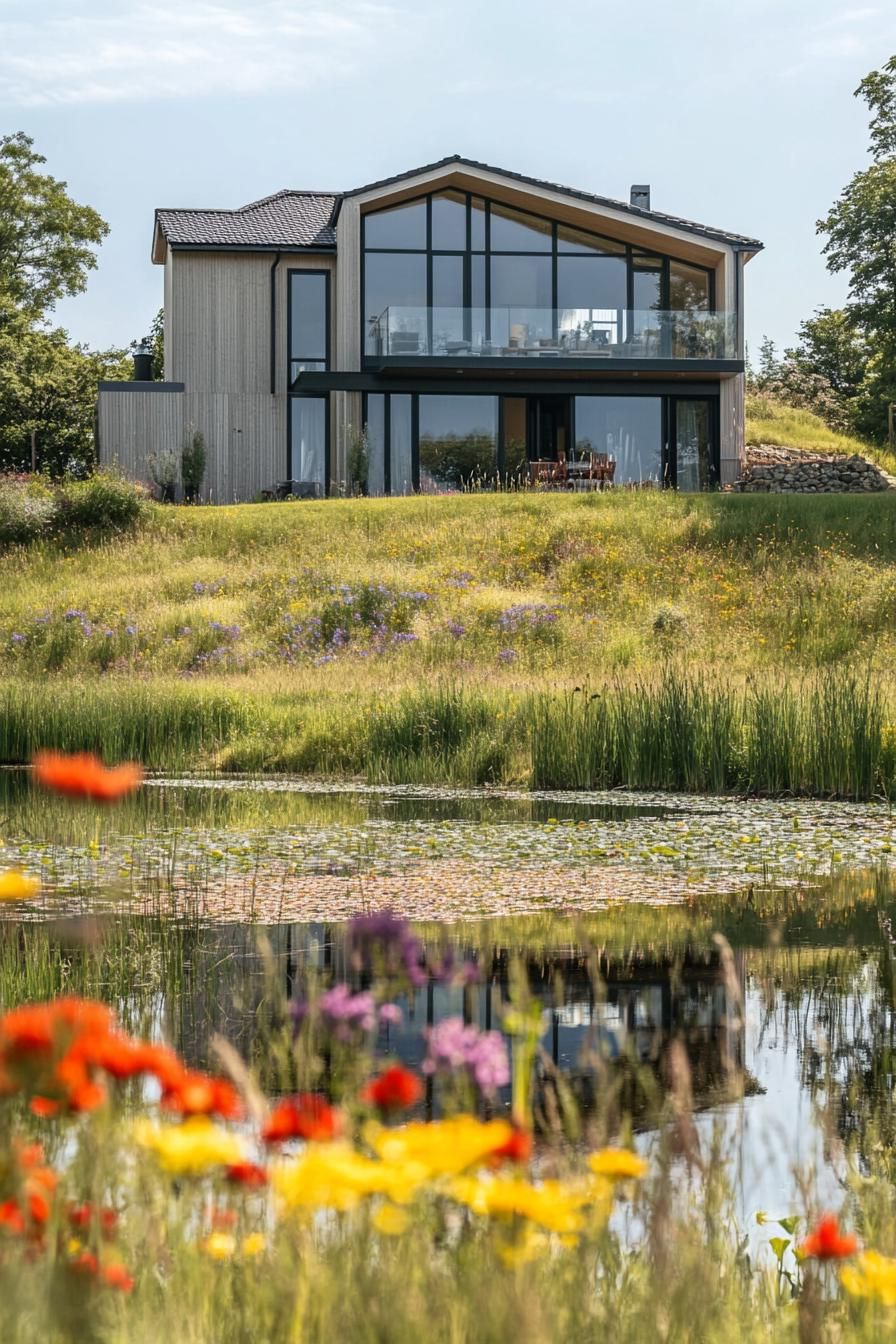 modern house with large windows on a hill overlooking a small lake surrounded by wildflower meadows
