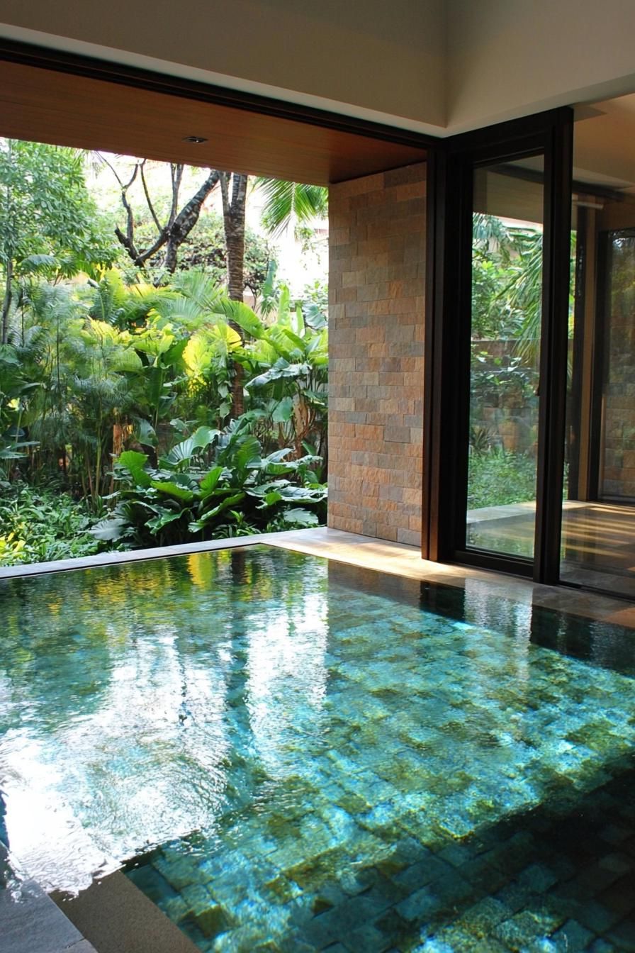 modern home indoor pool with glass walls and door and the pool extending to the outside lush garden outside is visible 3