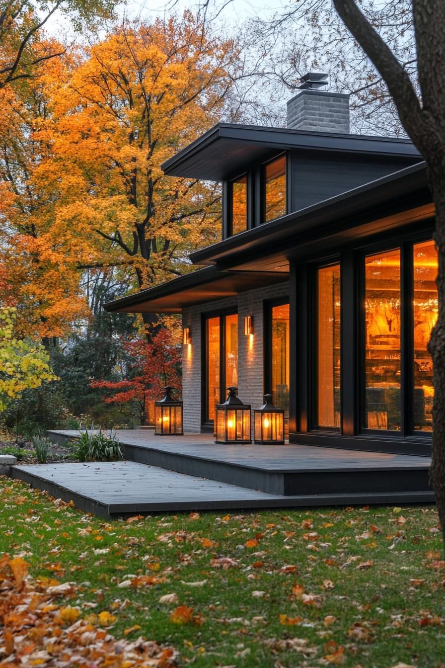 mid century modern and antique style house facade with LED vintage lanterns yard with trees in autumn
