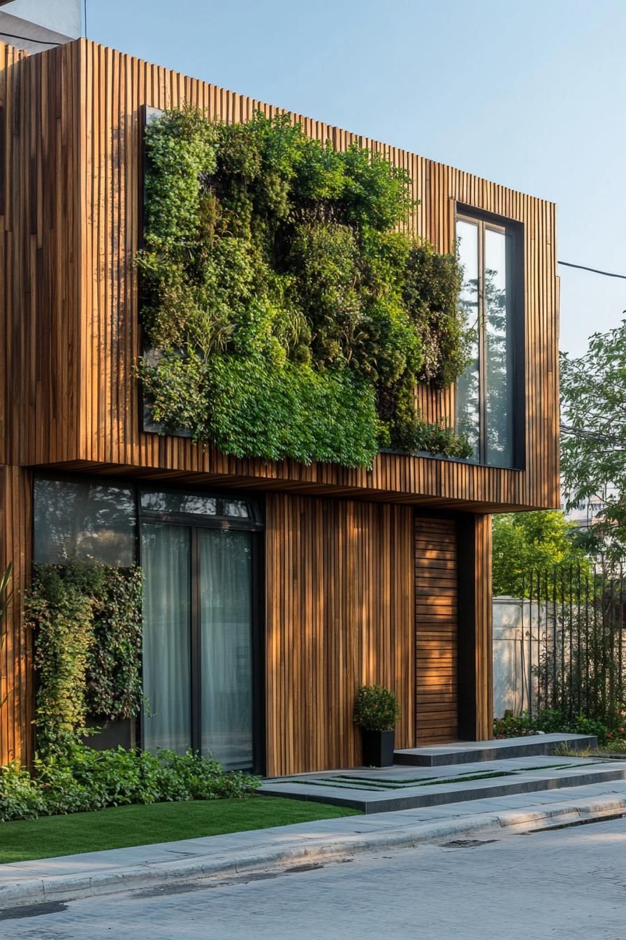 modern wood house textured wood facade with vertical greenery 2