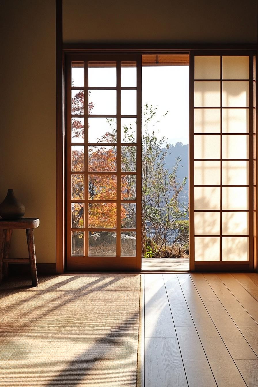modern minimalist home interior with shoji screens large window with mountain views