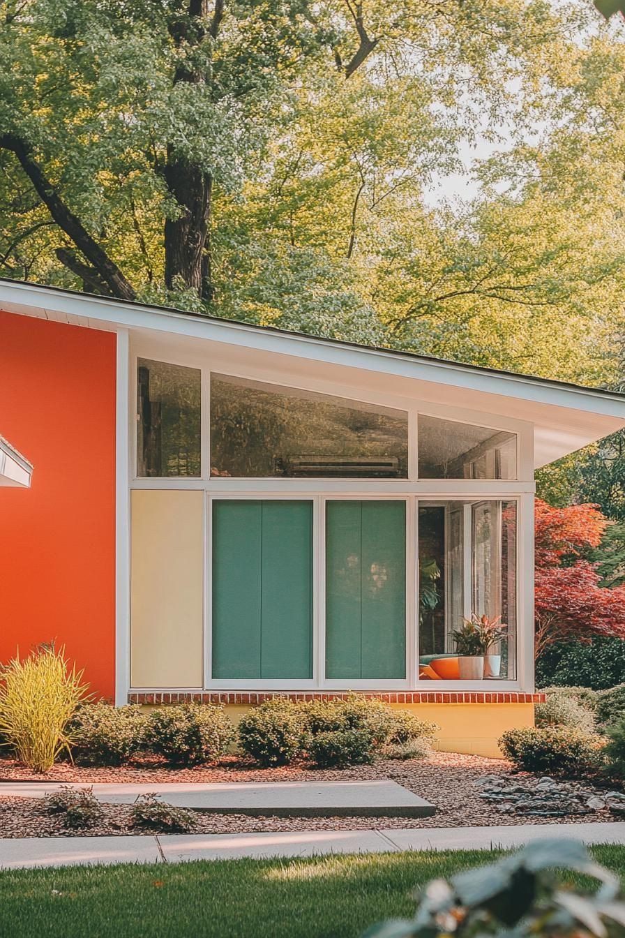 mid century modern house facade in aque and coral colors in white trim 2