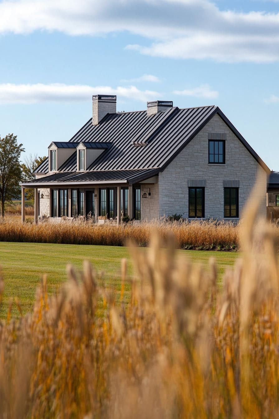 new traditional ranch house multi pitched roof board and batten siding ranch fields