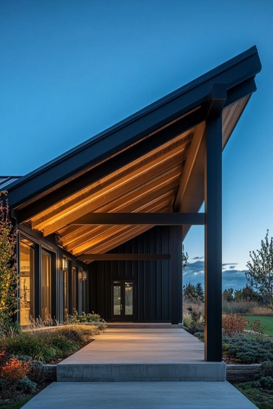 Black Shiplap Exterior With Dark Wood Barn Beams