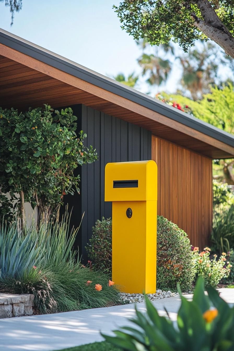 mid century modern house front yard statement mailbox in bright shade of yellow 2