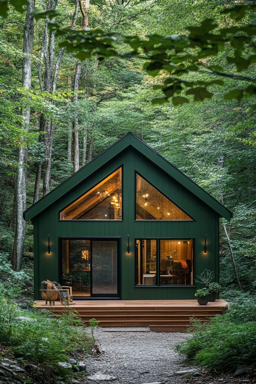 small modern mountain chalet facade in forest green color with exposed beams forest clearing in the background 3