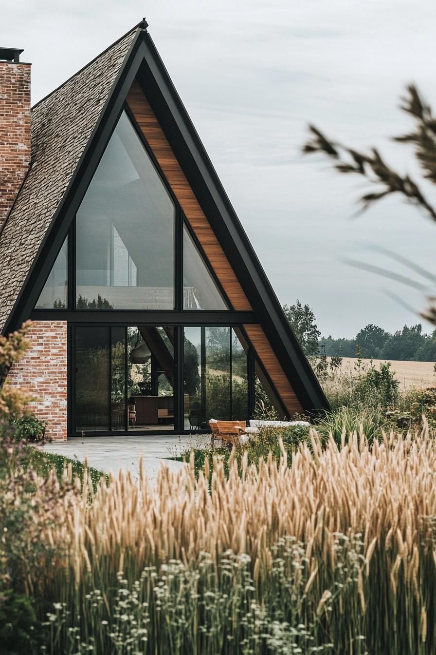 modern a frame farmhouse with green garden walls stunning farmland with wheat fields 3