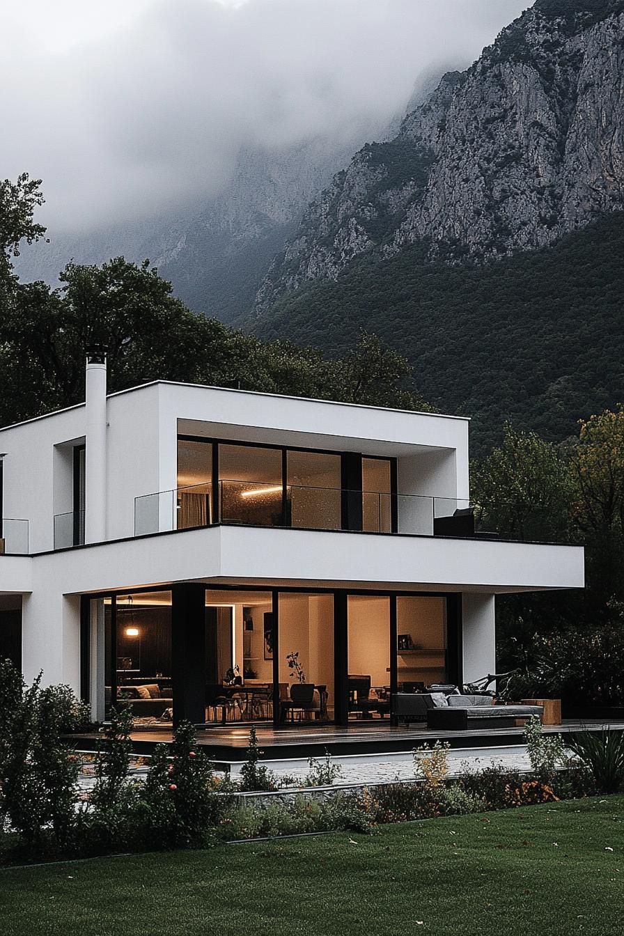 modern industrial style house white facade and black light fixtures imposing misty mountain in the background 3