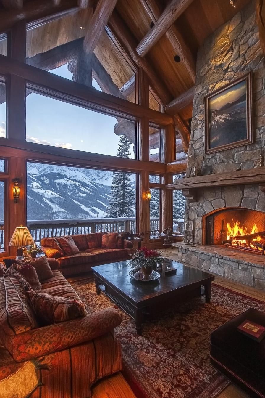 Luxury Mountain Lodge With a Grand Stone Fireplace in the Great Room stunning winter mountain views