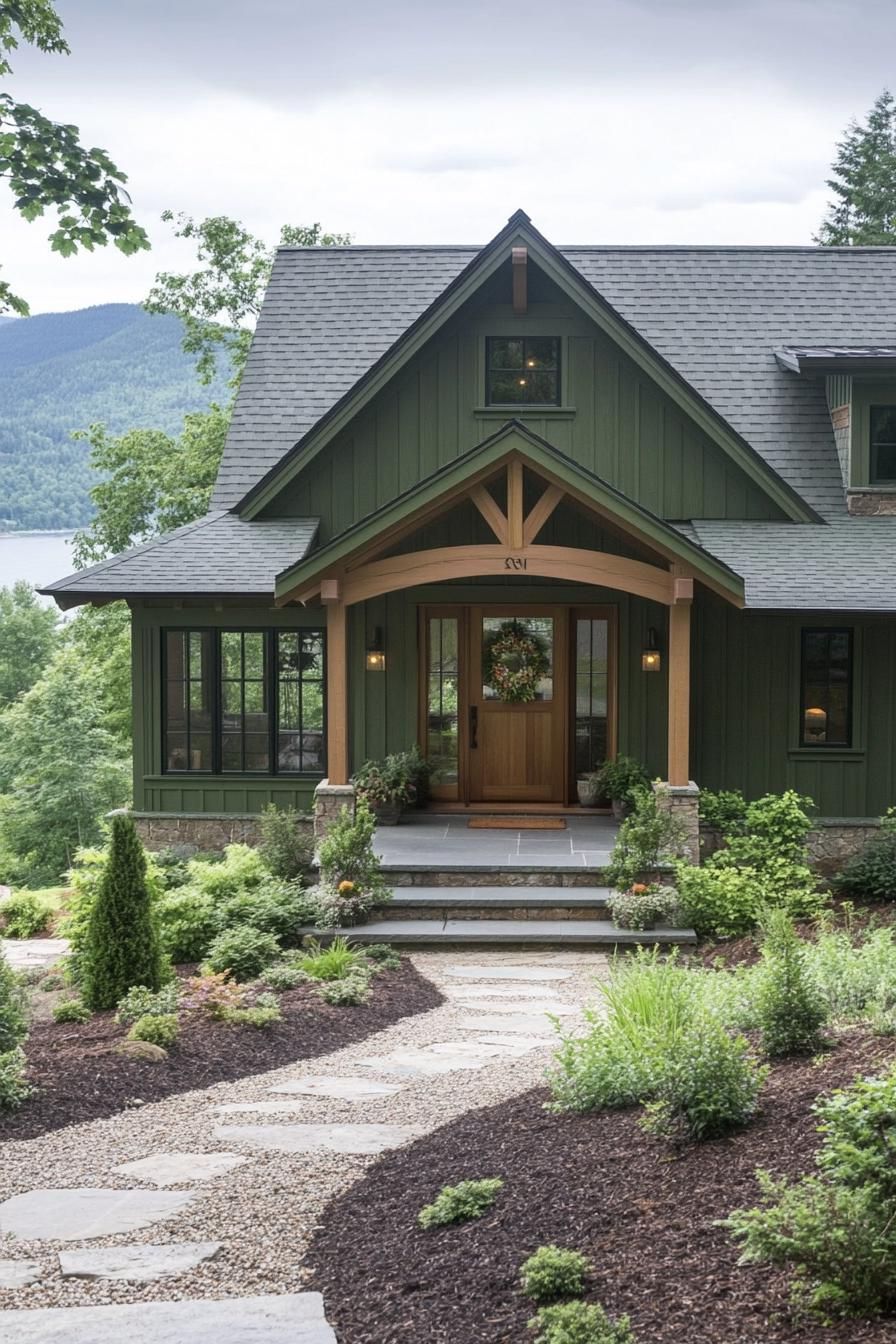 cottage style modern mountain house facade in olive green board and batten siding olive green roof natural wood front door with glass panels big
