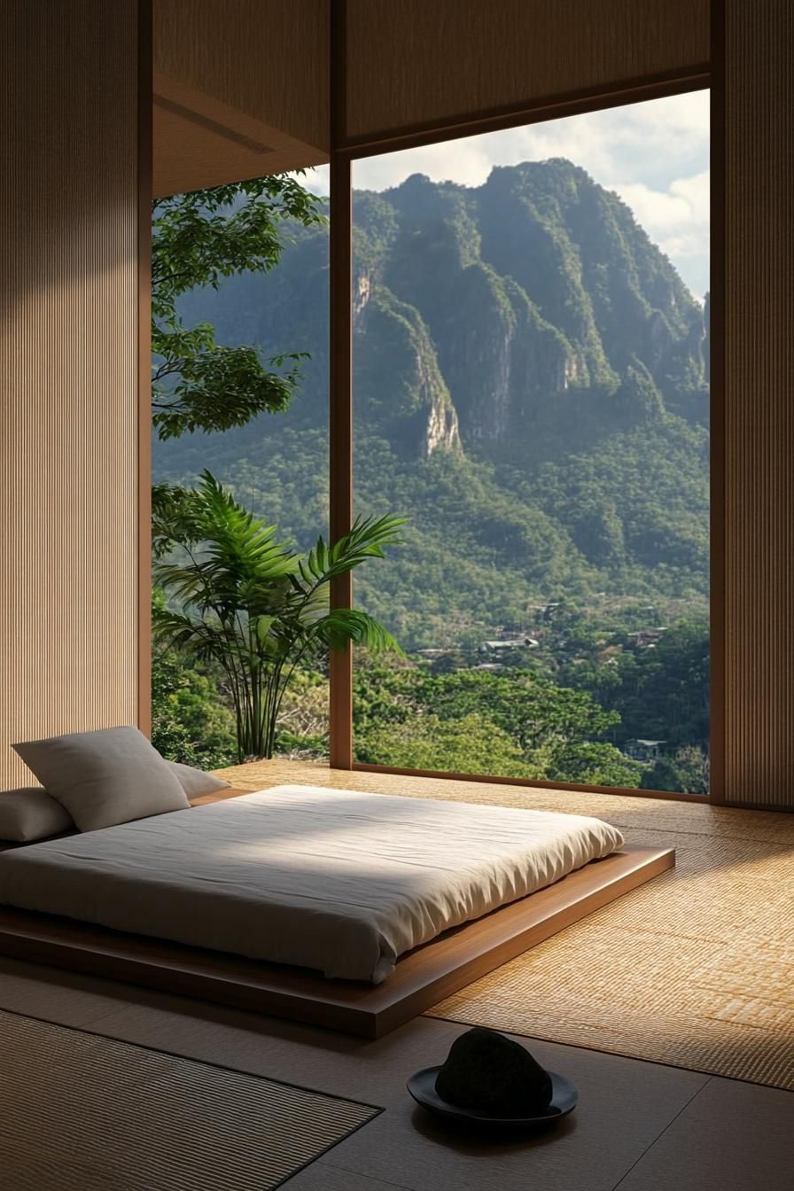 modern zen style bedroom with low profile bed large window overlooking tropical mountains