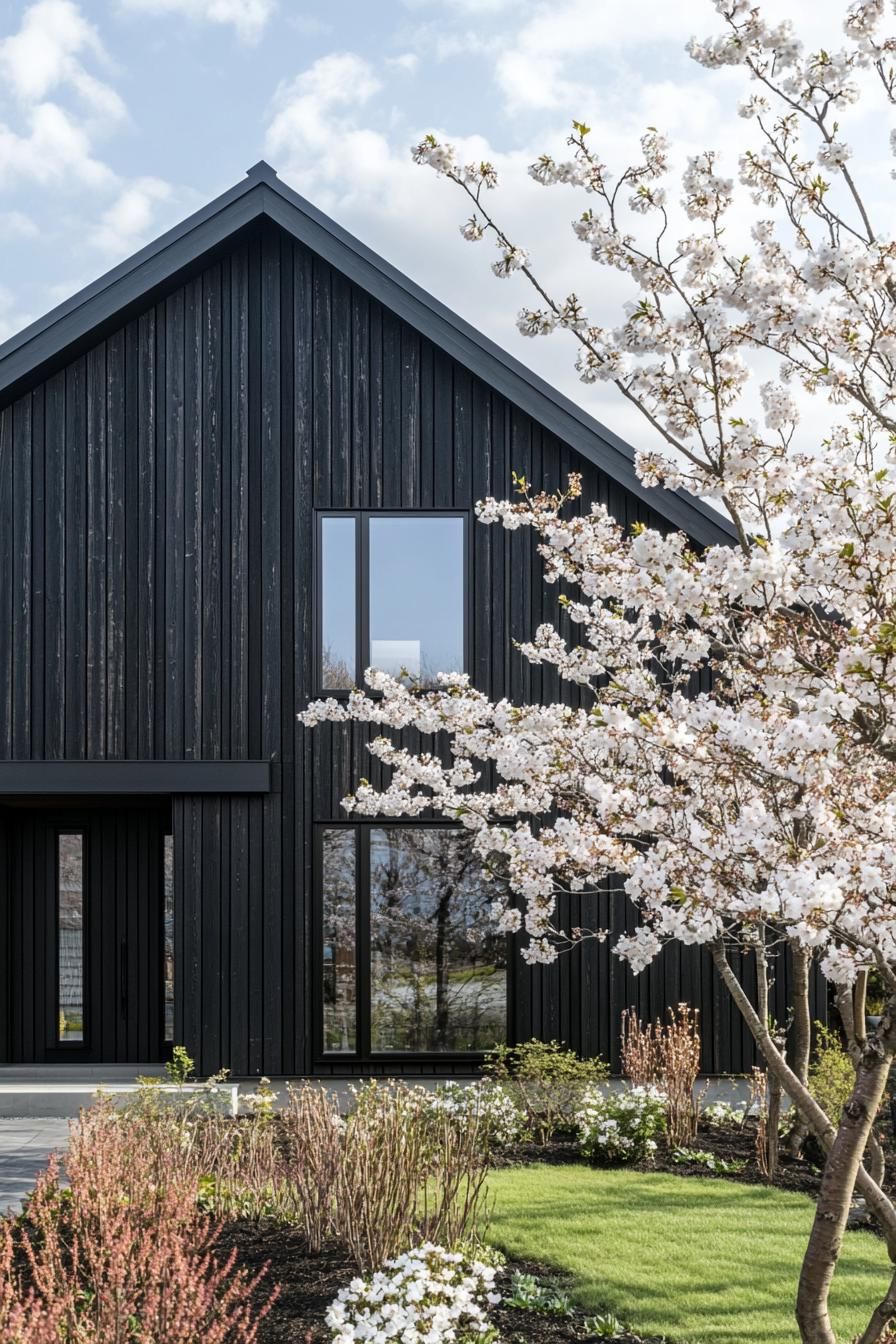 modern japanese style timber frame house facade with charred black wood Siding front yard with blossoming cherry trees 3