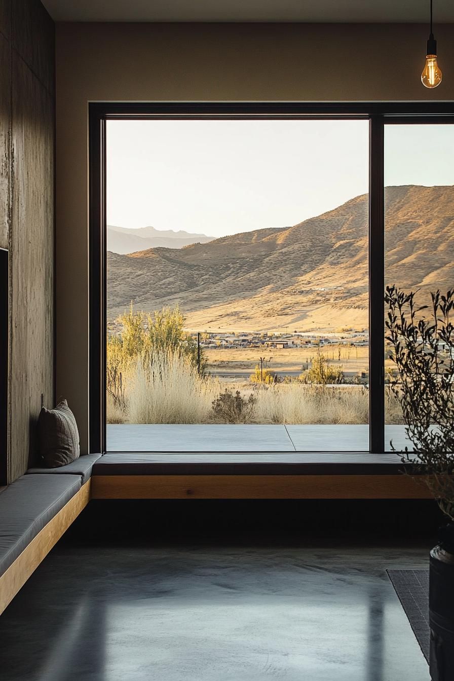 modern industrial style home interior with under window sill storage bench and stunning mountain views