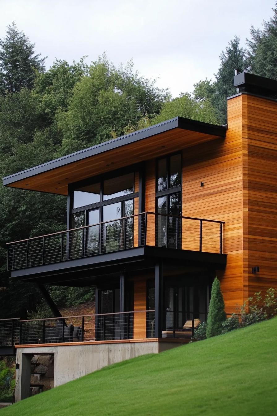modern wood house with horizontal paneling and black steel trim hillside foundation