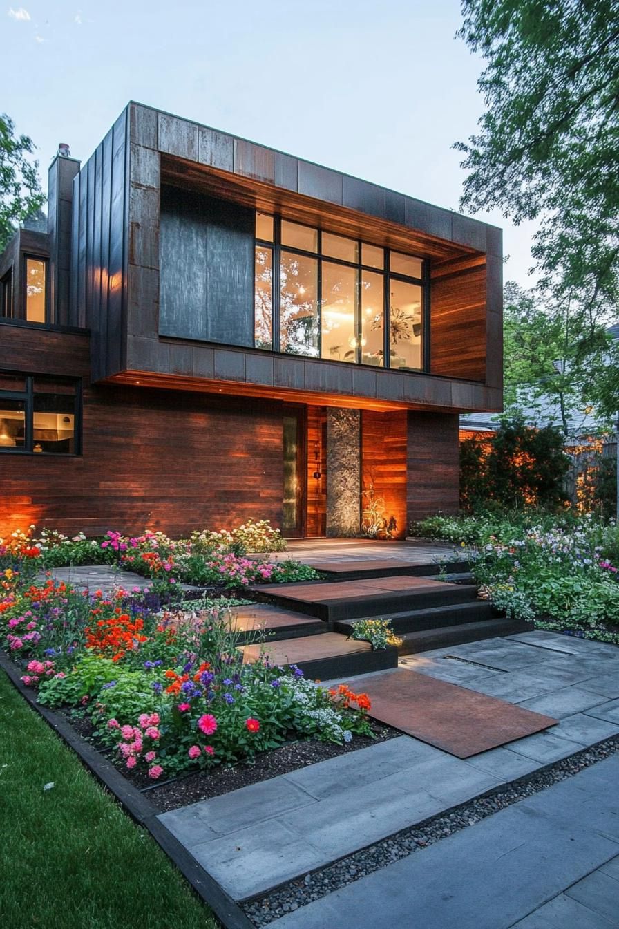 modern house with reclaimed wood cladding front yard with flower gardens