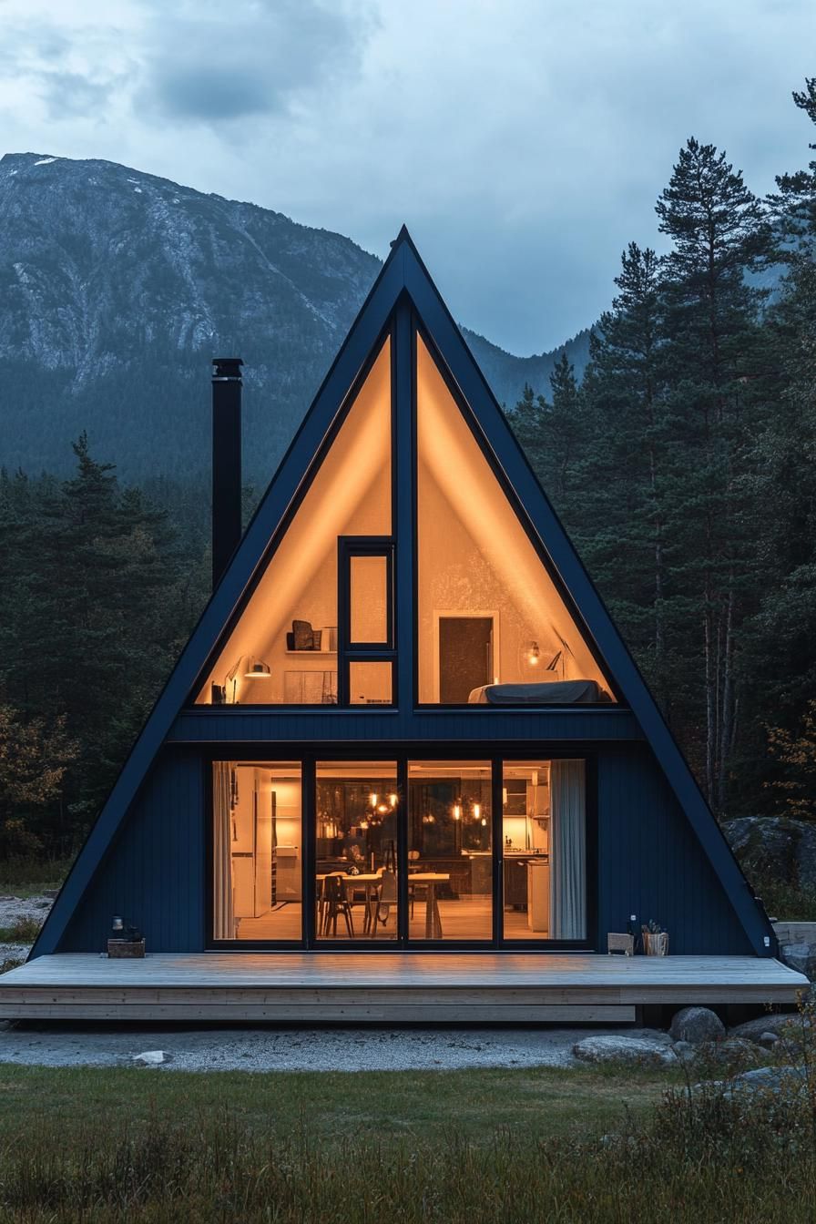 front view of a modern A frame house in midnight blue siding with Scandinavian wood front deck full glass wall illuminated interior Scandinavian 3
