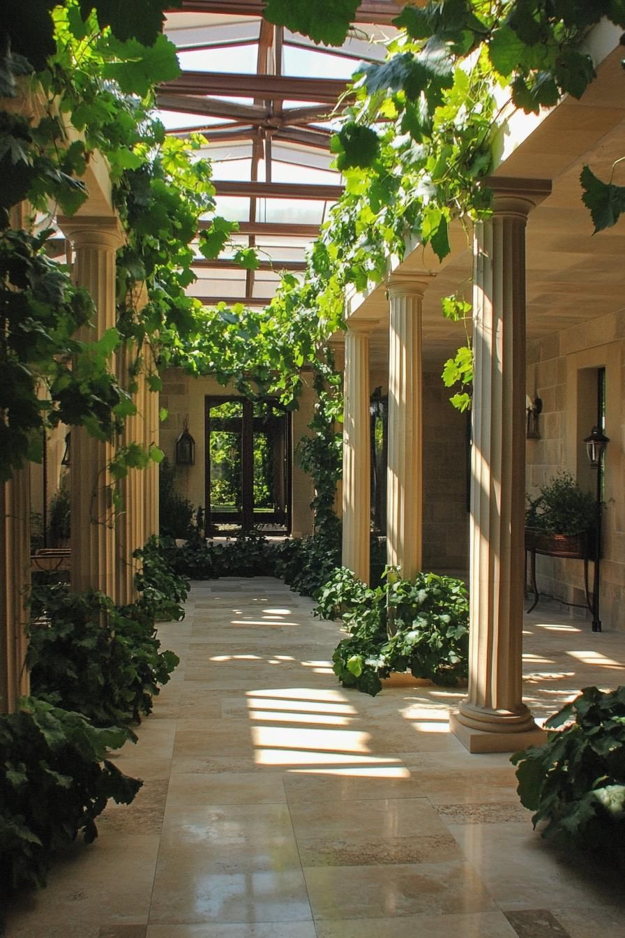 modern mansion house indoor atrium vineyard with columns and lush vines