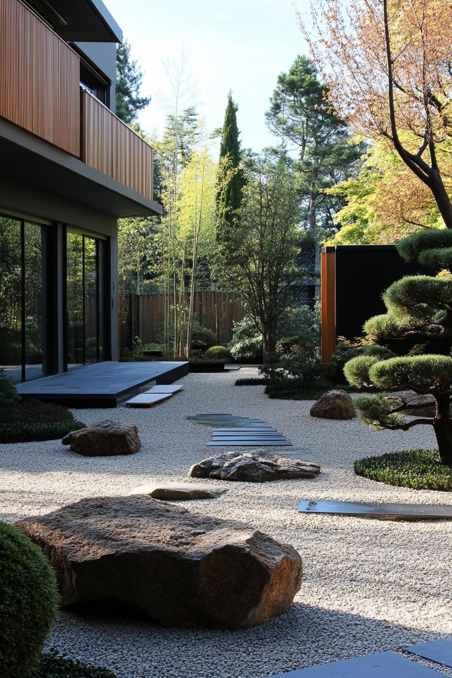 modern house yard with zen garden features