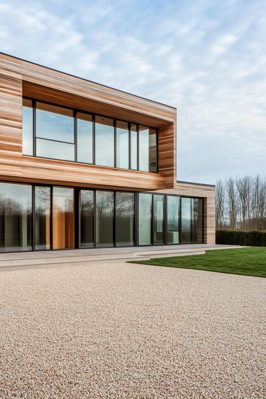 modern wood house facade of vertival cedar planks and large glass windows large gravel frontyard 3
