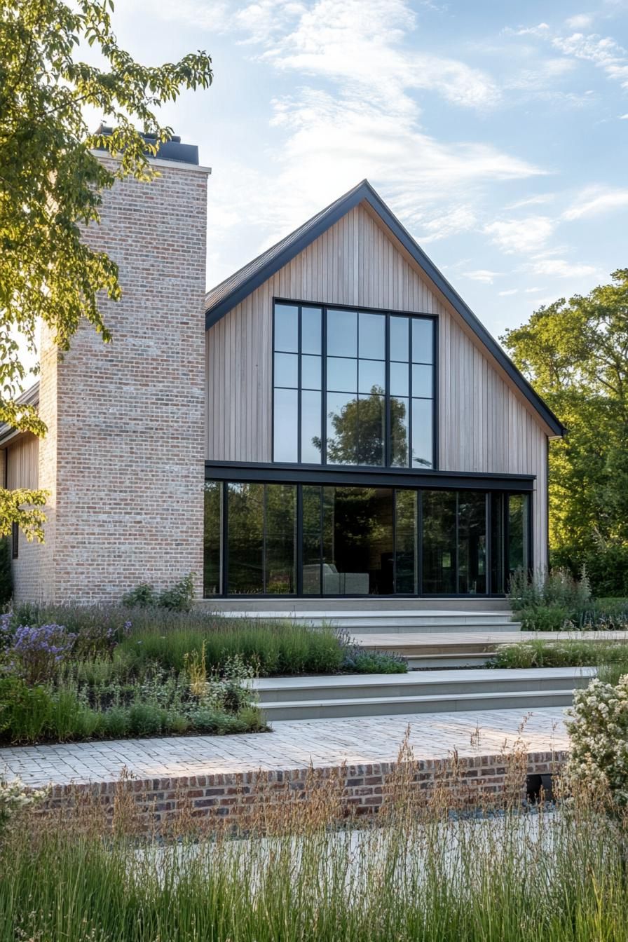 modern house with natural cedar shiplap exterior and brick foundation English countryside landscape