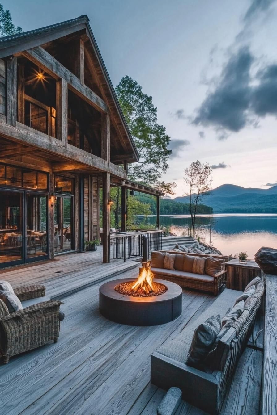 modern barn style lakeside house porch with firepit lounge stunning mountain lake views 2