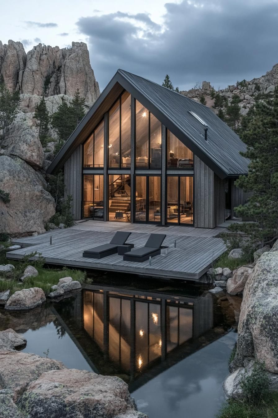 A modern cabin nestled in a rocky mountain landscape. The house features a steep gable roof and is constructed from vertically oriented grey wooden 2