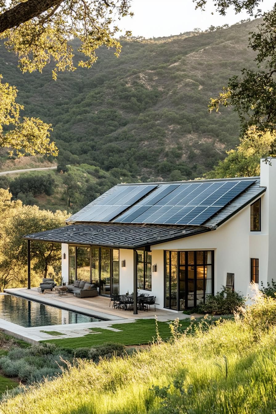 modern farmhouse with solar panel roof in beautiful green valley 2
