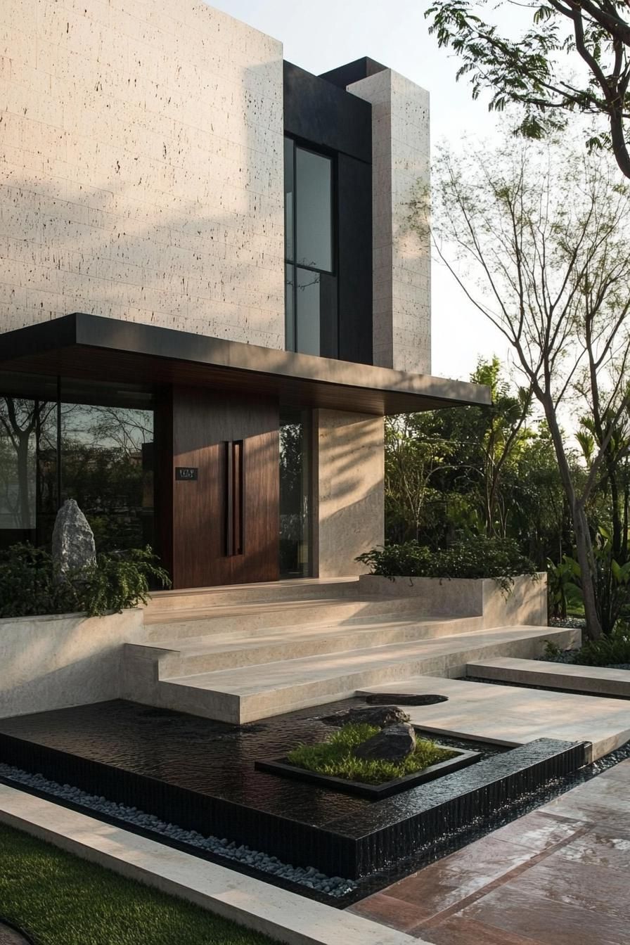 front entrance of a modern minimalist house facade with natural stone cladding the front yard features a zen garden with a fountain 3