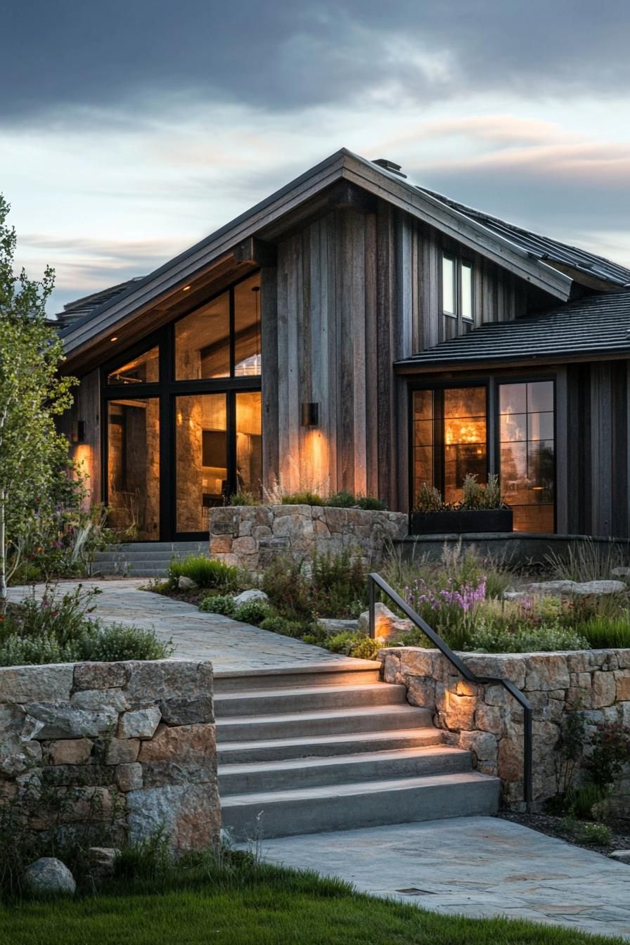 modern ranch house with rustic siding and part stone walls