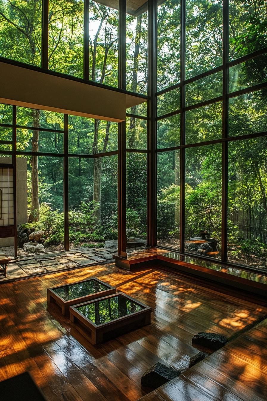 modern unique japanese style zen home zen garden with floor to ceiling windows and lush garden view