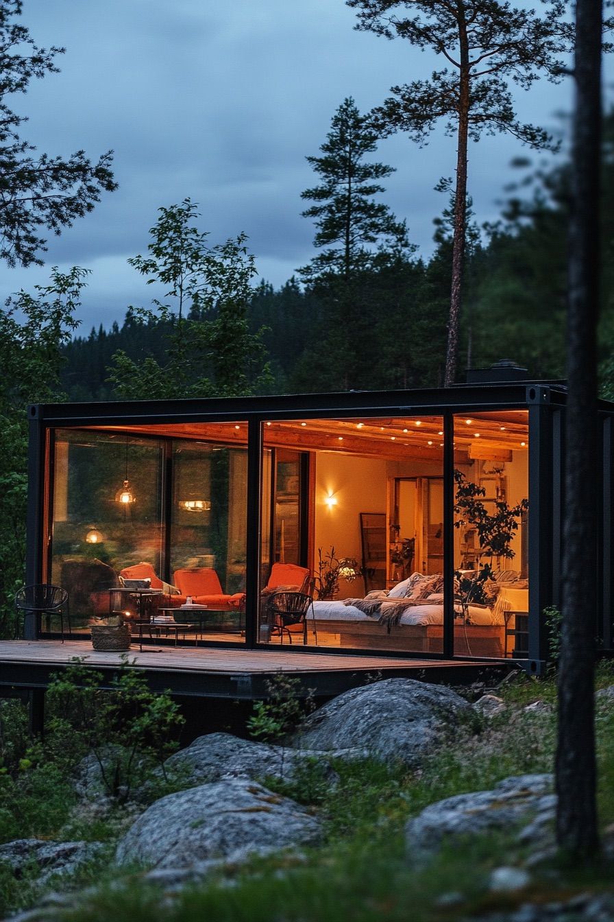 shipping container cabin glas walls lakeside 4
