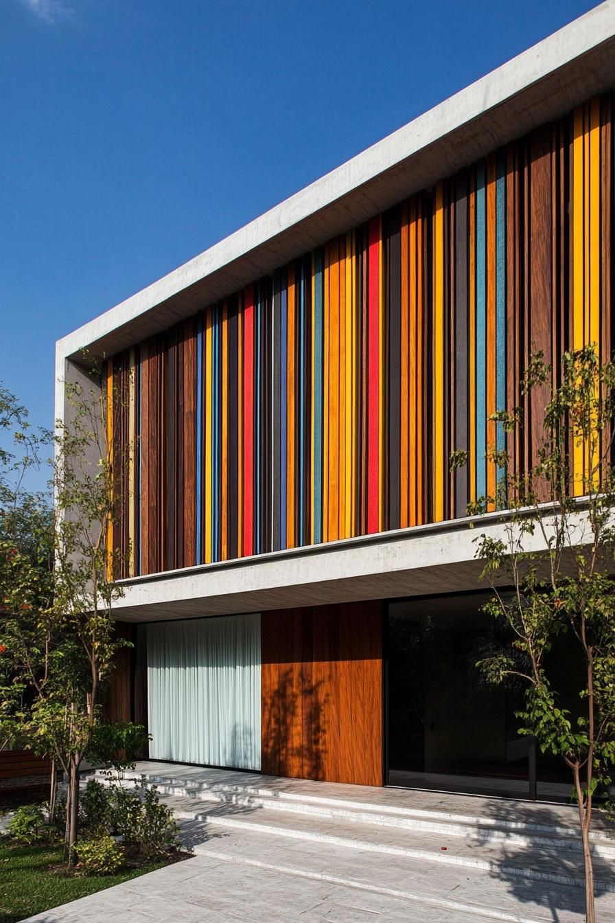 retro style modern house facade with colorful vertical wood slatting 3