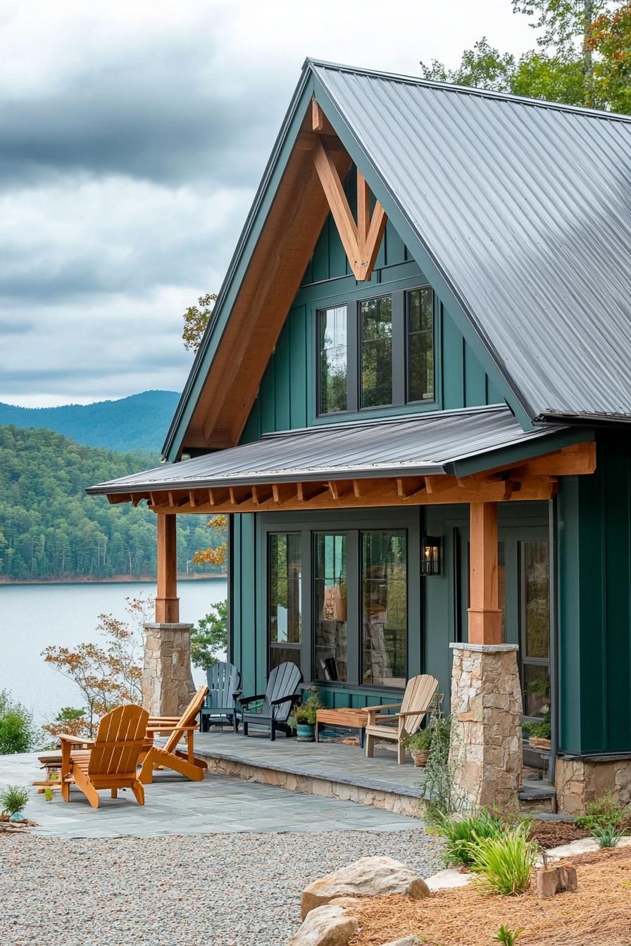 modern a frame mountain house with teal green siding rustic beam porch columns multi pitched grey roof front yard paved in stone with adirondack 3