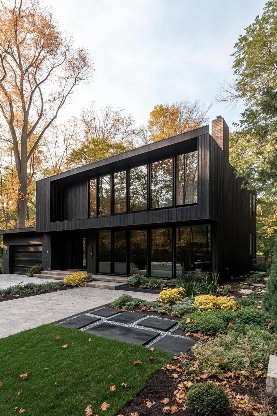mid century modern black house black concrete geometric facade full house view