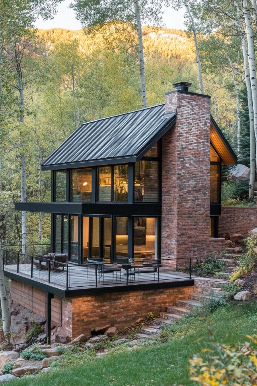 small modern mountain house facade with varying shade brick wood and black steel accents slate tile roof with a brick chminey raised stone deck in mountain forest clearing 2