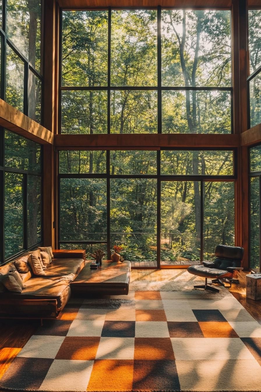 mid century modern house interior with geometric rugs and large windows overlooking a stunning forest 3