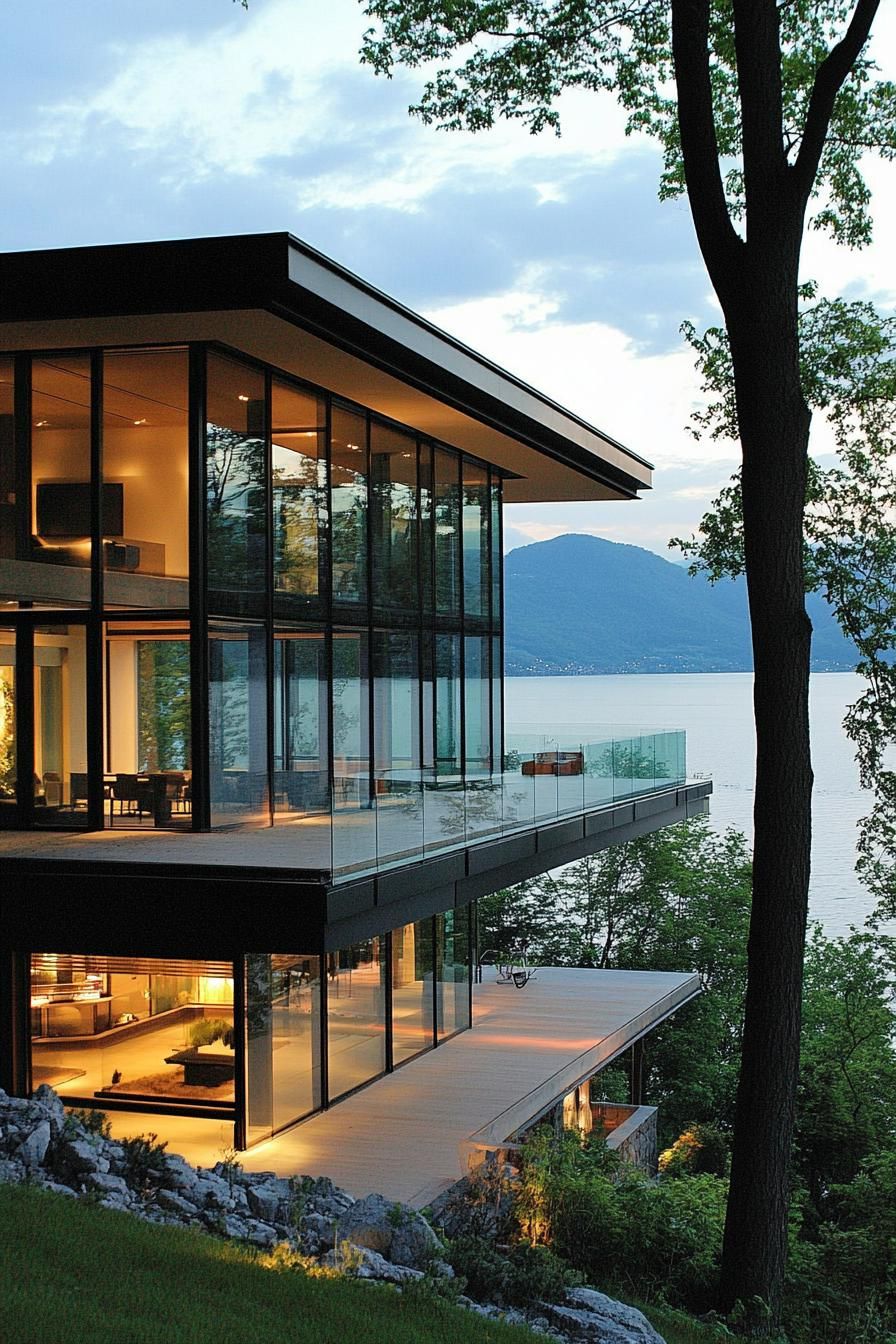 lakeside hill house with glass facade and large wraparound balconies with stunning lake views