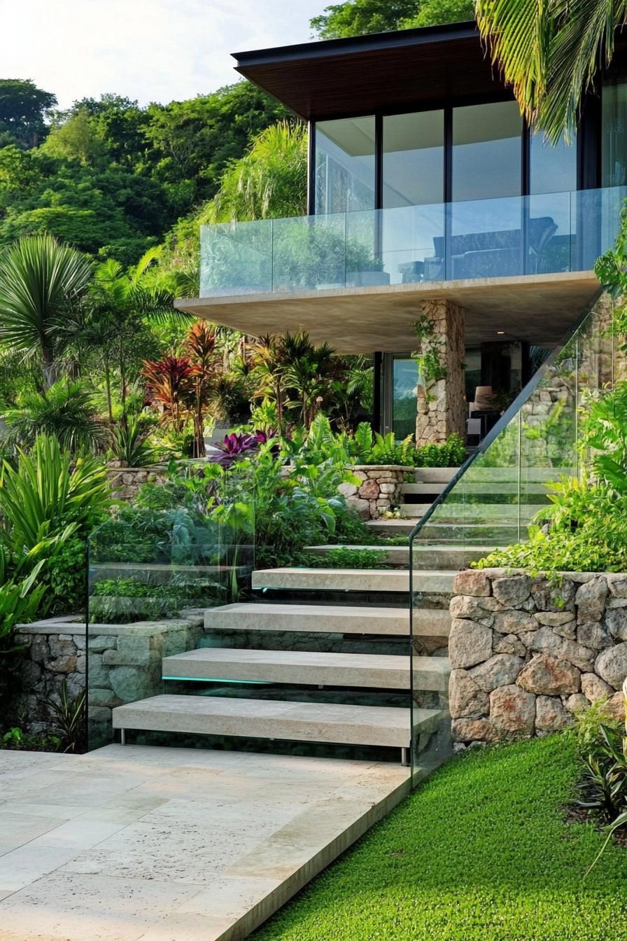 modern villa exterior front yard with glass staircase hillside tropical landscape 3