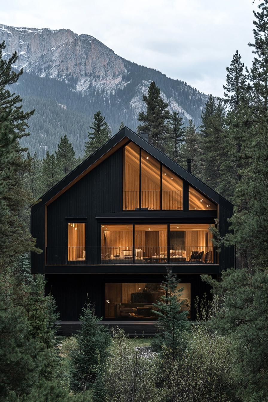 A modern mountain house is nestled among tall pine trees and rugged mountains. The structure boasts a steep gabled roof with modern black cladding