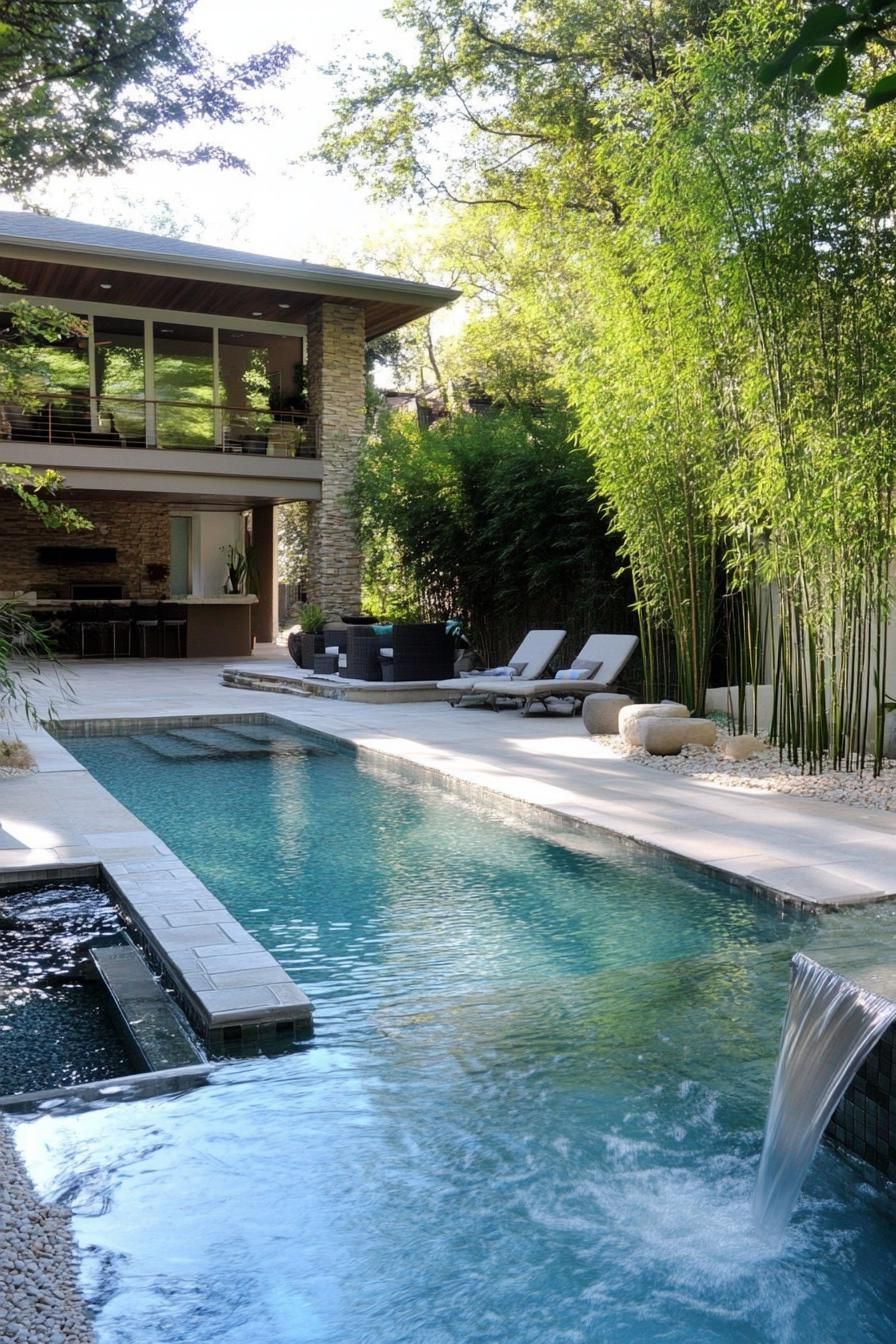 modern house backyard pool landscape with zen bamboo garden