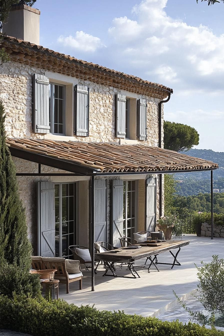 modern French country house with rustic shutters and metal roof French riviera views 2
