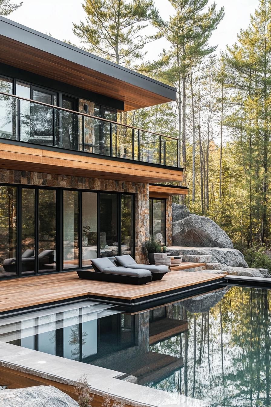 A modern house with large floor to ceiling glass windows and a combination of wooden and stone exterior finishes. The house has a multi level