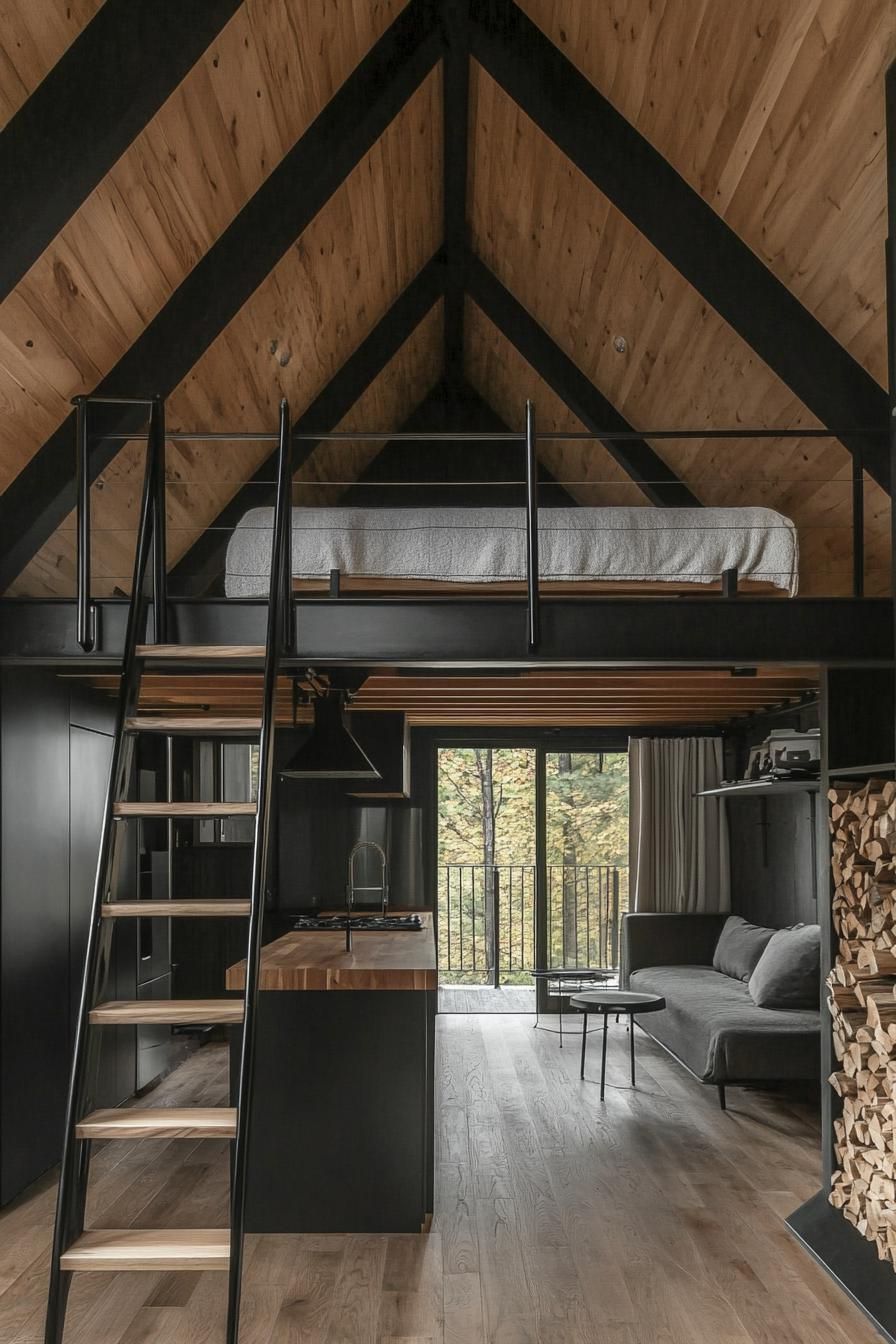 modern a frame forest cabin interior with harwood floor hardwood ceiling and black beams lofted bedroom area with black metal railings by the bed