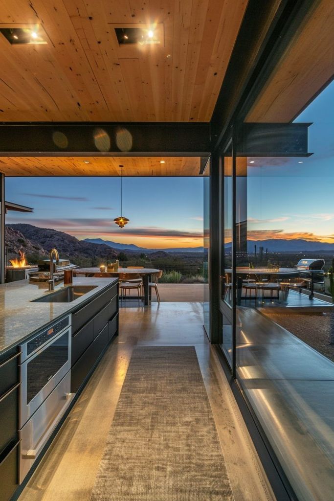kitchen going out to wrap around patio with mountain views