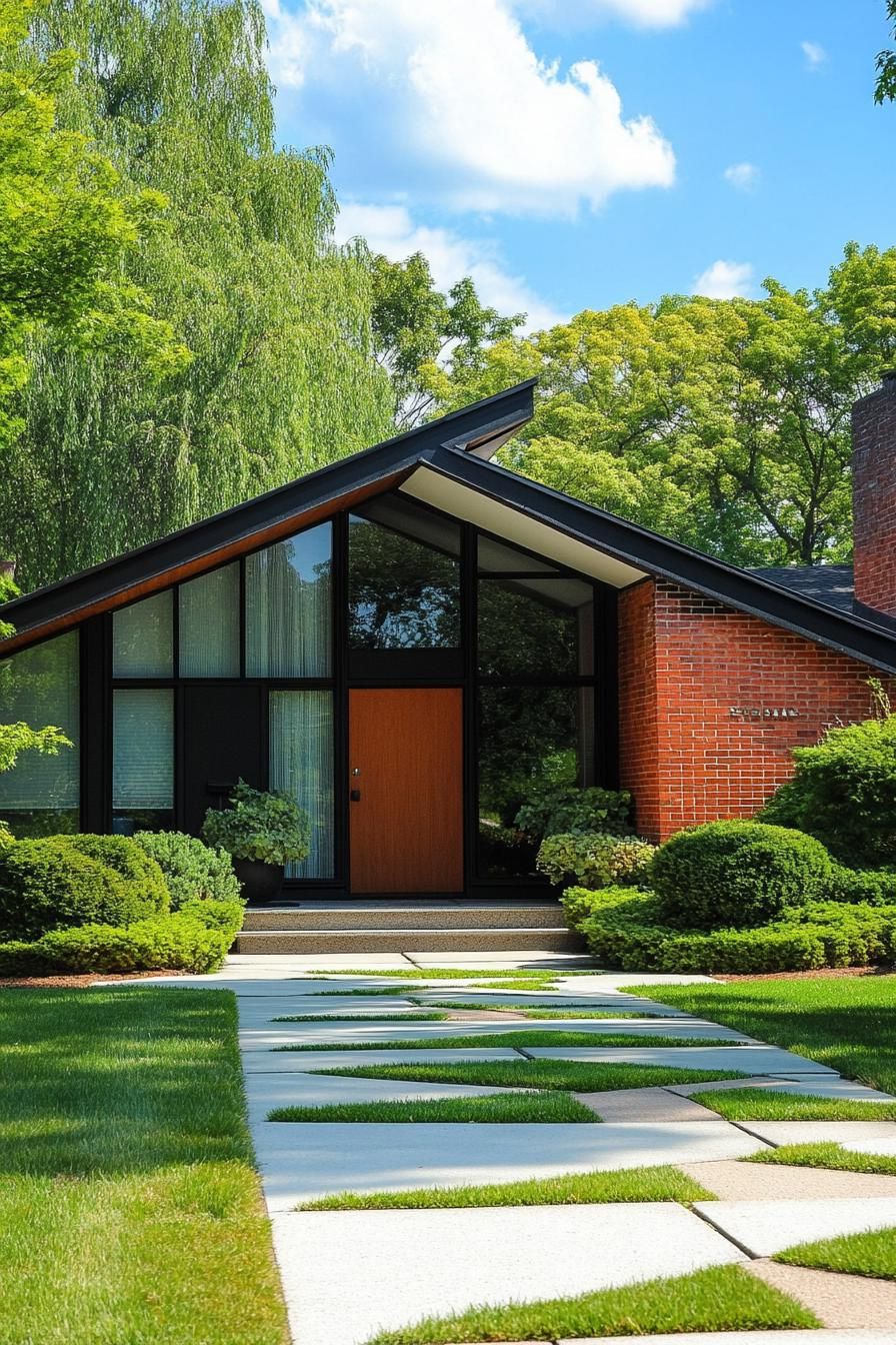 70s midcentury house facade with sharp angular rooflines front yard geometric pathways