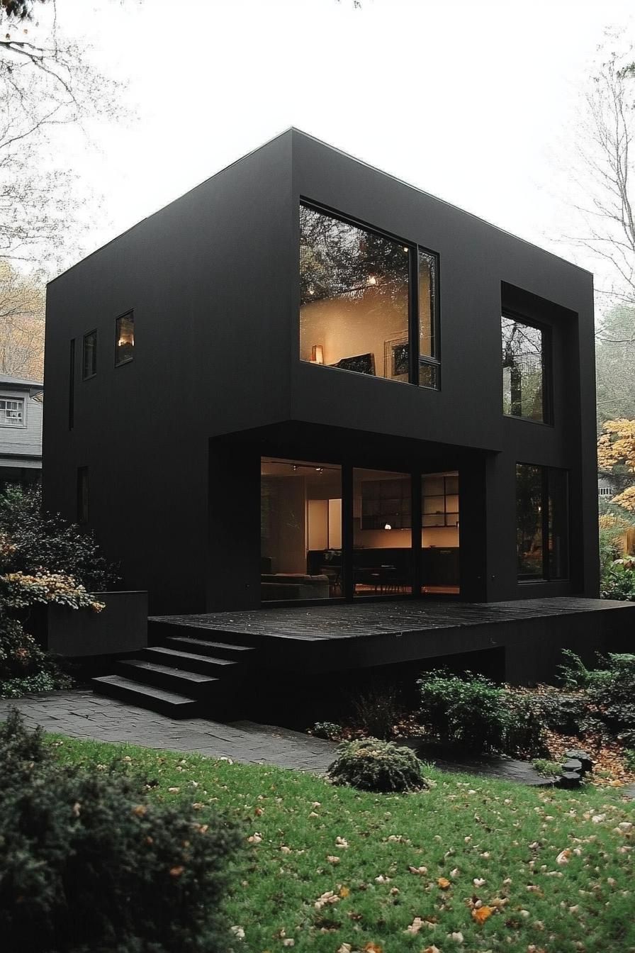 modern dark house matte black facade with oversize windows 2