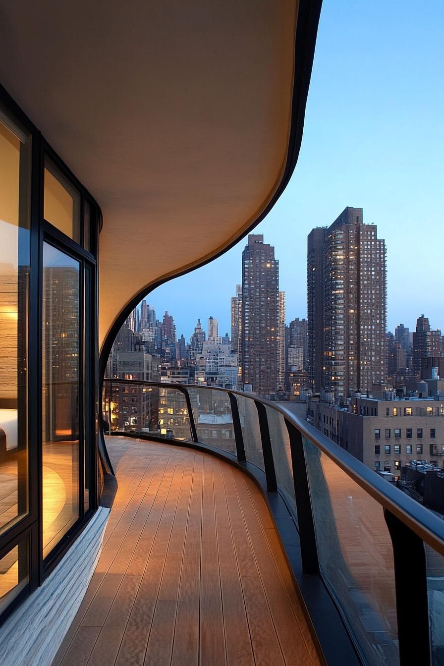 modern apartment curved balcony interior with stunning city skyline views